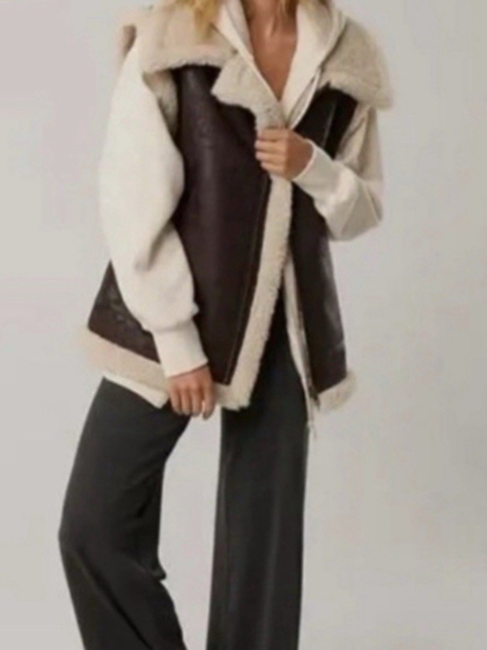 aerie Faux Leather Sherpa Vest in Dark Brown and Cream